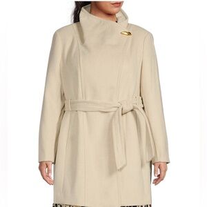 Donna Karan Cream Belted Wool Pea Coat with Gold Accent